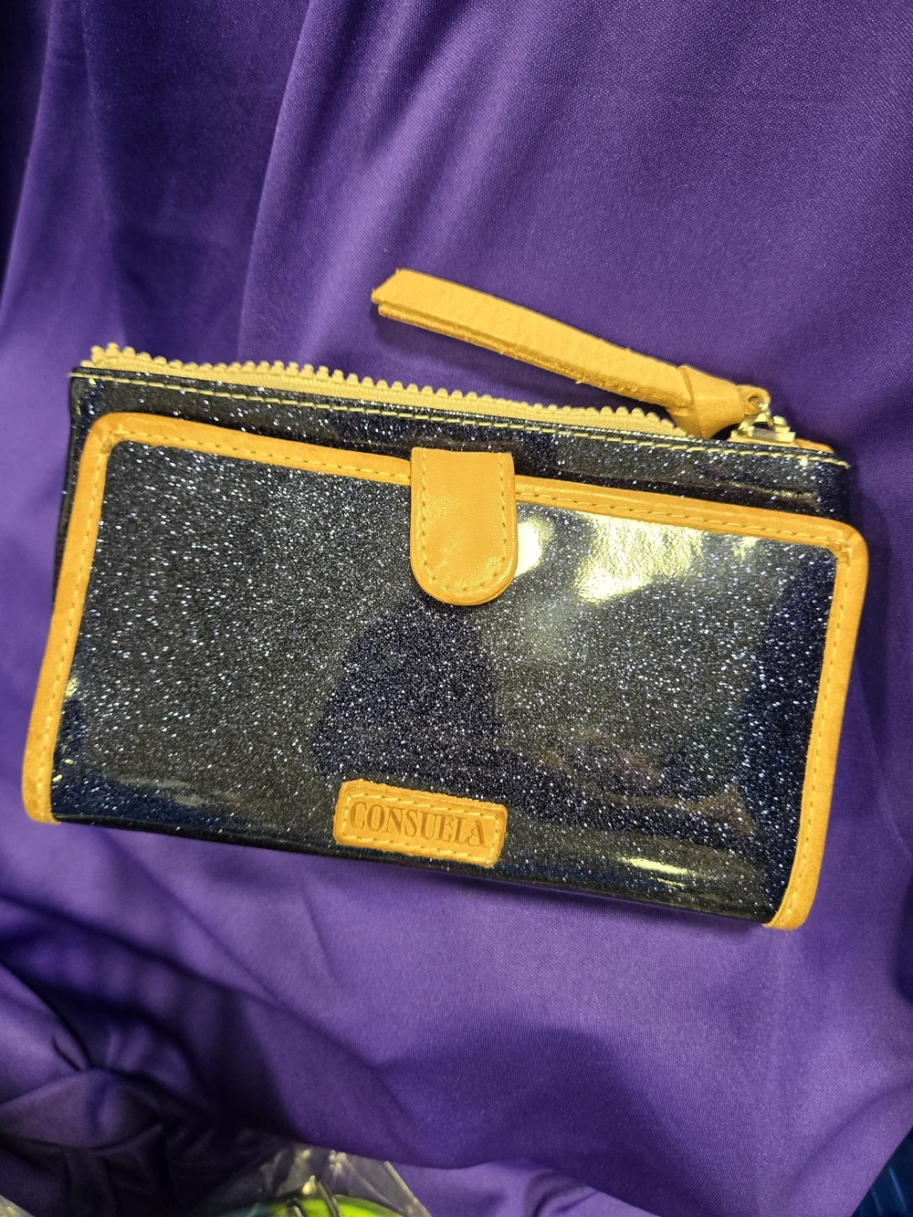 Consuela Black Glitter Wallet with Yellow Trim